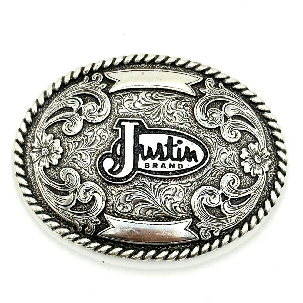 Justin Brand Western Belt Buckle 4'' x 3" Silver Color Floral Rodeo - Picture 6 of 6
